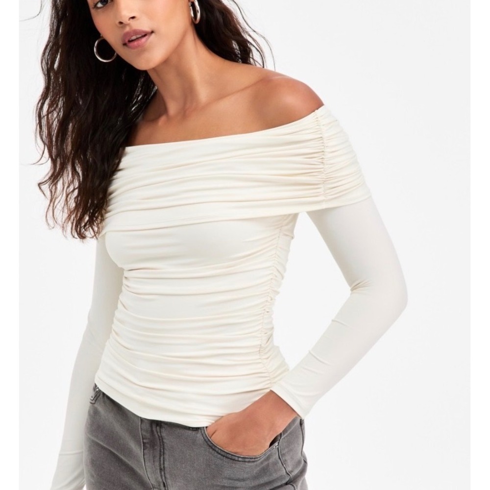 Bar III Women Crema Off The Shoulder Ruched Long Sleeve Top 77T332BR Size L NWT